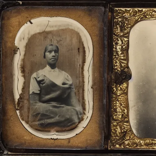 Image similar to Tintype photograph of primitive found objects displayed in an ethnographic museum, archive material, anthropology, 1920s studio lighting.