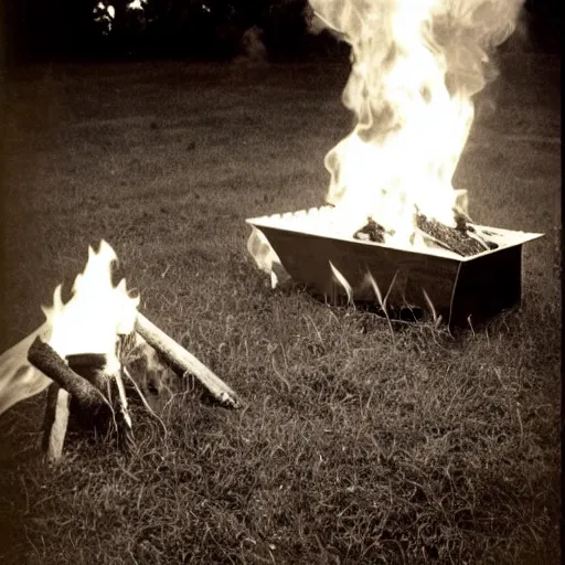 Prompt: vintage 7 0 s photo of campfire, horror, scary frightening