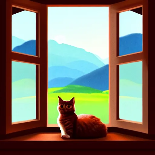 Prompt: a beautiful landscape including mountains and plains through a window, cat sitting on the edge of the window, illustration, digital art, trending on artstation, no signature