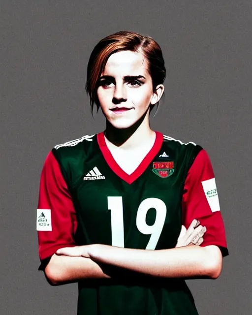 Image similar to a portrait of emma watson as a lokomotiv football player, hyper realistic