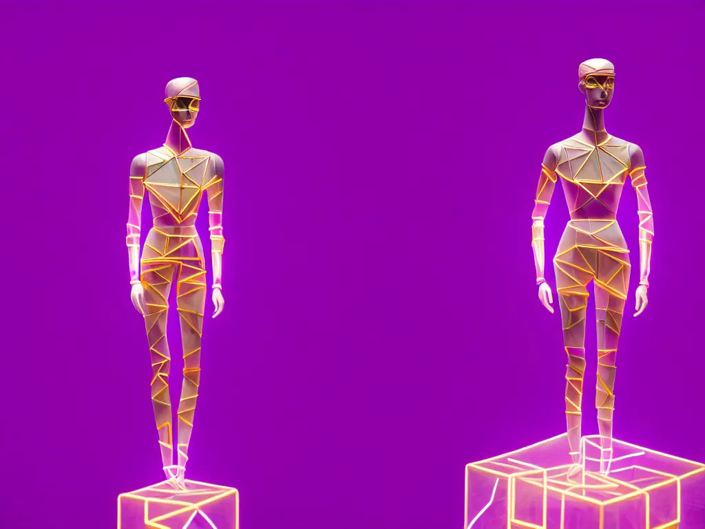 Image similar to beautiful mannequin sculpted out of amethyst by billelis + lit with geometric neon + kintsugi, facing a doorway opening with neon pink geometric light + gold geometric cubed bonsai trees, clean linework, dramatic, finely detailed, rule of thirds, moody, award winning, 4 k, trending on artstation, photorealistic, volumetric lighting, octane render