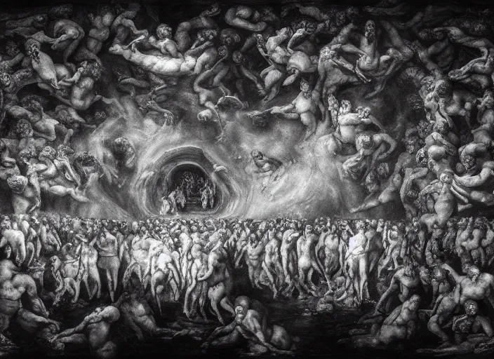 Image similar to crowd of people, water portal to hell located in heaven, photorealistic, rule of thirds, 4 k, dark bright effect, alvah angelrune, michelangelo, version 3