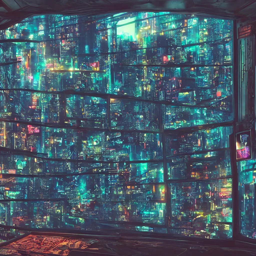 Image similar to a highly detailed photo of a cyberpunk room, high tech, neon backlit, round window, cyberpunk nightcity in the window, 8 k