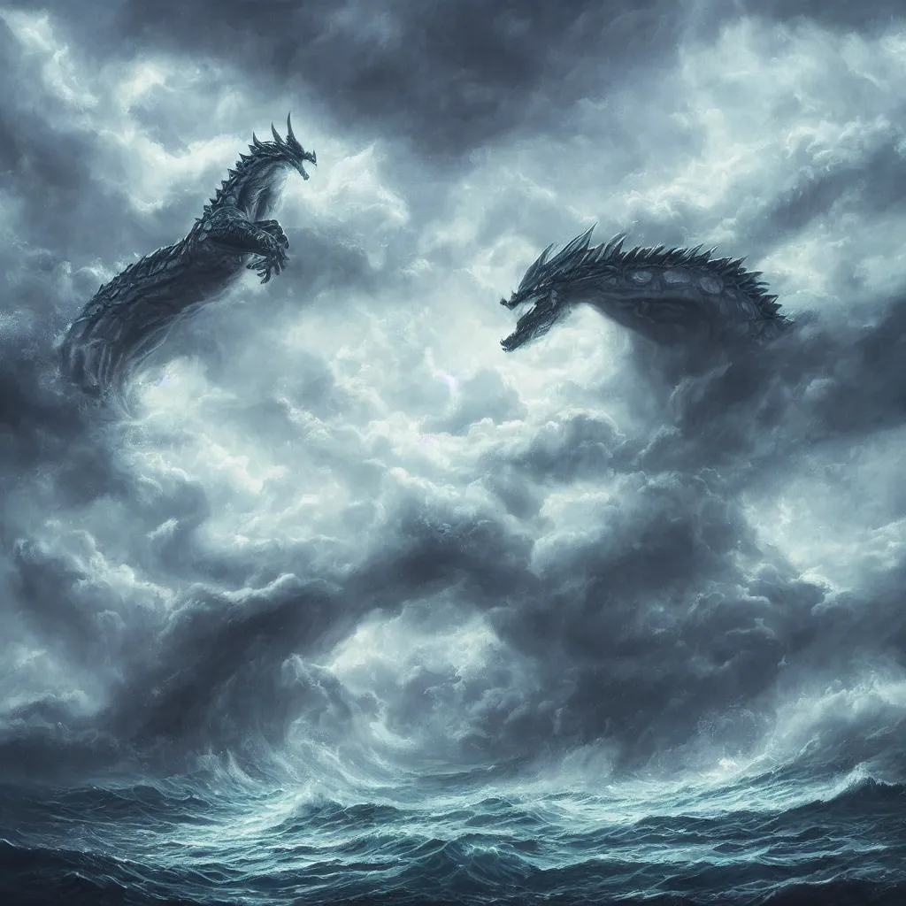 Image similar to a fantasy book style portrait of a giant dragon, stormy sea, giant waves, lightning, small boat, oil painting, 4 k