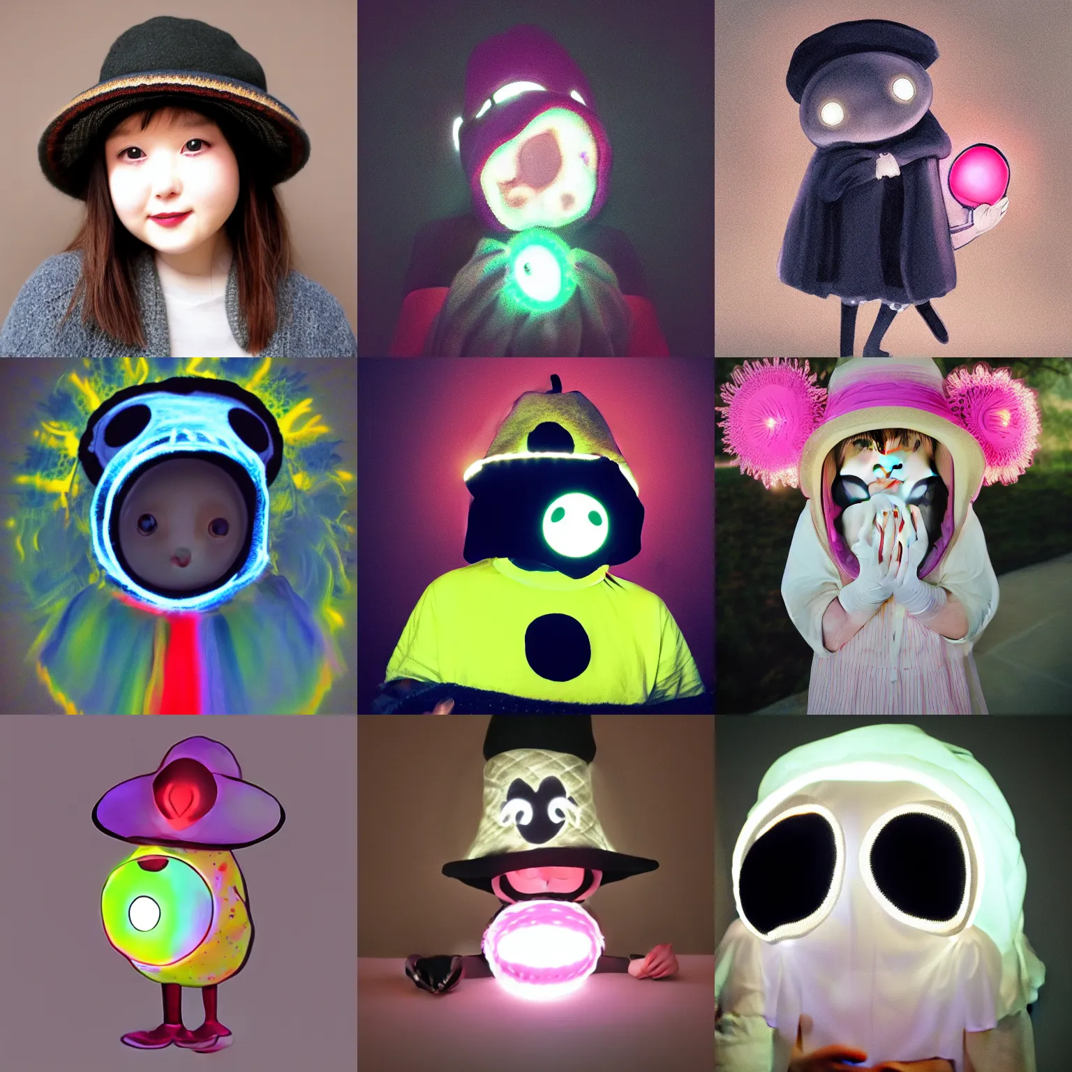 Prompt: tiny cute glowing eyes big hat no face