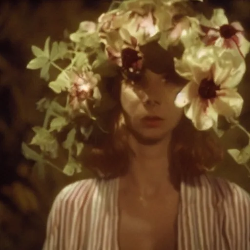 Prompt: movie still of the girl with the flowers head, cinematic composition, cinematic light, by edgar wright and david lynch, surrealist cinema