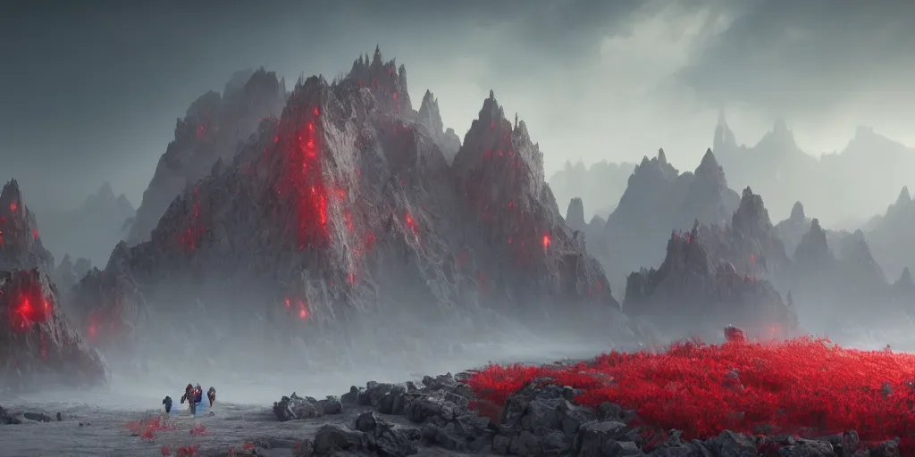 Image similar to a epic landscape full of big red crystals spikes emerging from the ground, concept art, octane render, unreal engine 5, trending on artstation, greg rutkowski, hyperrealistic, highly detailed, high quality, 8 k, dramatic lighting, cinematic, high coherence, high contrast, digital art, high definition, path traced, night