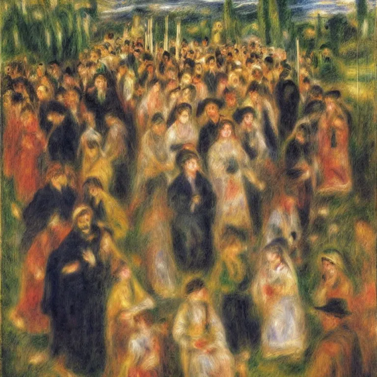 Prompt: A Holy Week procession of souls in a lush Spanish landscape at night. A figure at the front holds a cross. Pierre-Auguste Renoir (1880).