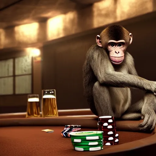 Prompt: Monkey drinking beer playing poker, Hyper Realism, realistic, cinematic lighting, ambient lights,