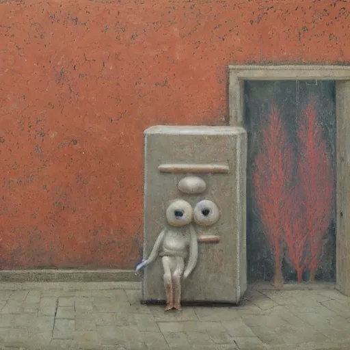 Prompt: a detailed, impasto painting by shaun tan and louise bourgeois of a nonpictoral forgotten sculpture by ivan seal and the caretaker