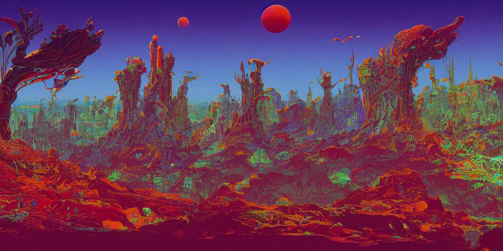 Image similar to striking colours vivid, gaps holes, neonothopanus, creatures, metropolis in distance, moons, realistic landscape art by roger dean, reflections, art by michael whelan, organic textures, seedpods, art by kilian eng, moebius artwork, ultrawide angle, hires 8 k detailed natural textures