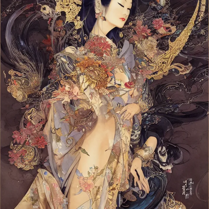 Image similar to asian geisha watercolor painting by yoshitaka amano, daniel merriam, ayami kojima, peter mohrbacher, intricate detail, artstation, artgerm, in the style of darkness - fantasy, rococo, gold leaf art