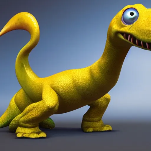 Image similar to pixar render the yellow dinosaur, cute character, high detail, fine hair details, big eyes, friendly, warm and calming, bursting with energy and life, after effects, post processing, video and game ready, octane render, volumetric lighting, glow lights, sharp focus, clear focus, soft shadows, highly intricate and beautiful symmetry