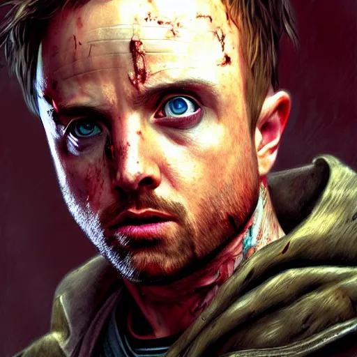 Image similar to Jesse Pinkman, zombie killer, butcher, portrait, fantasy, beautiful face, medieval, vivid colors, elegant, concept art, sharp focus, digital art, Hyper-realistic, 4K, Unreal Engine, Highly Detailed, HD, Dramatic Lighting by Brom, trending on Artstation