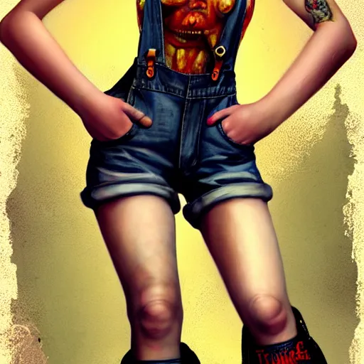 Prompt: full body pose, grungy very attractive alice, torn overalls, short shorts, combat boots, fishnets, beautiful, highly detailed face, true anatomy!, extremely detailed!, digital painting, unreal engine 5, art by tom bagshaw