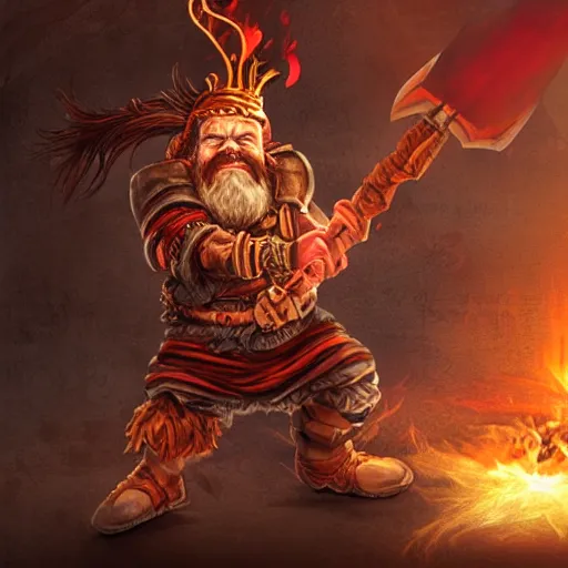 Prompt: dwarf mage warrior with flaming hands and an axe, highly detailed, concept artwork, illustration, dramatic lights