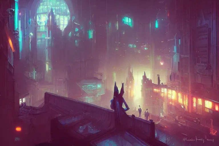 Image similar to Hogwarts cyberpunk, neon lighting, bird's-eye view, digital art from artstation by Ruan Jia and Mandy Jurgens and Artgerm and william-adolphe bouguereau and Greg Rutkowski and Wayne Barlowe