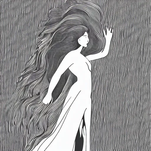 Prompt: a black and white drawing of the silhouette of a woman with long curly tied hair using a dress