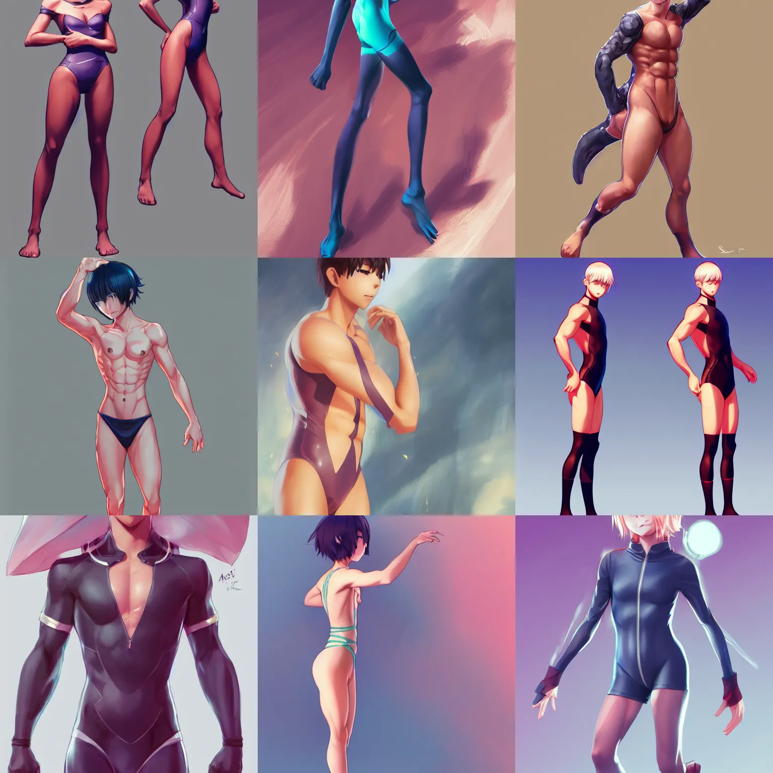 Prompt: full body illustration of a cute anime boy, wearing a tight swimsuit by Stanley Artgerm Lau, WLOP, Rossdraws, James Jean, Andrei Riabovitchev, Marc Simonetti, and Sakimichan, trending on artstation