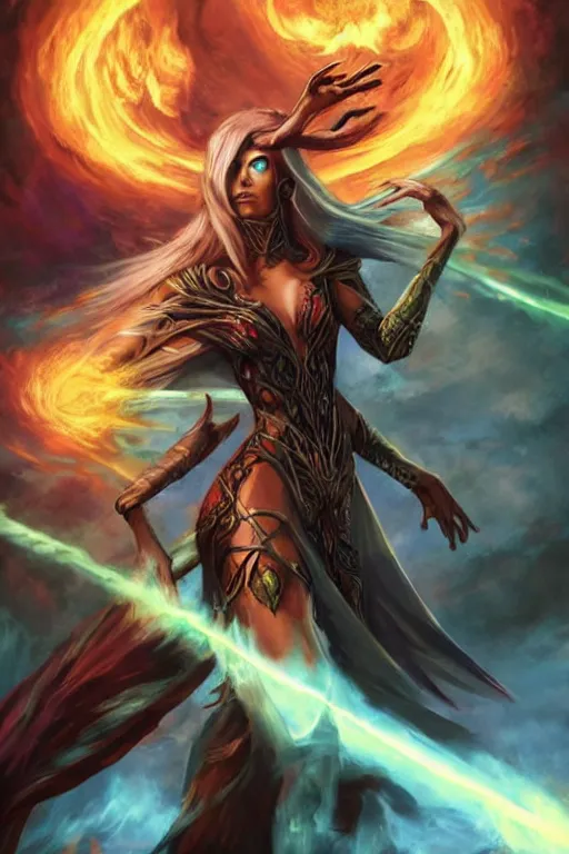 Image similar to <magic-the-gathering-artwork quality=high mode='attention grabbing'>The earth burns while a mage casts her spell</magic-the-gathering-artwork>