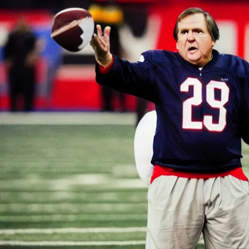 Prompt: Coach Belichick with glowing red eyes yelling at a football player