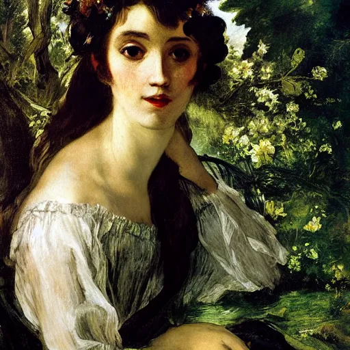 Image similar to double exposure portrait of a beautiful short dark haired feminine queen, floral composition, silhouettes of windy trees, by leonard de vinci, double exposure, by eugene delacroix