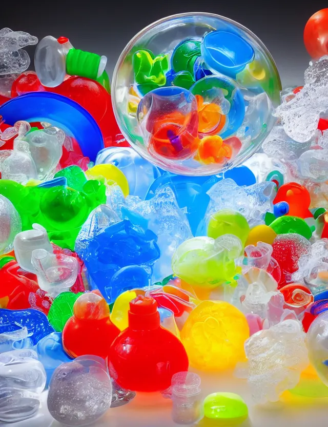 Image similar to a well - lit studio photograph of a clear bowl of water with various plastic toys floating in it, some smooth, some wrinkled, some long, various sizes, textures, and transparencies, beautiful, smooth, detailed, inticate