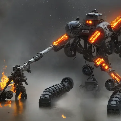 Image similar to Large scale battle of AI soldier robots fire mud and dark environment foggy epic proportions detailed