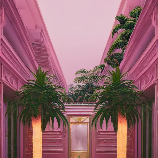 Image similar to indoor liminal space, golden light, peter tarka, palm trees, pink door, minimalistic, hyperrealistic surrealism, award winning masterpiece with incredible details, epic stunning, infinity pool mirrors, a surreal vaporwave liminal space with mirrors, highly detailed, trending on artstation, artgerm and greg rutkowski and alphonse mucha, daily deviation