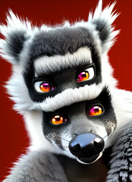 Prompt: a masterpiece hyperrealistic ultradetailed photograph of a lifelike real lemur anime smoking blunt, selfie, inside a twin peaks red room, cute, rough fur hair texture, desaturated, photoreal image, made by wlop, photoreal, overrendered, blender, unreal engine, extremely detailed, trending on artstation, sharp focus, 4 k