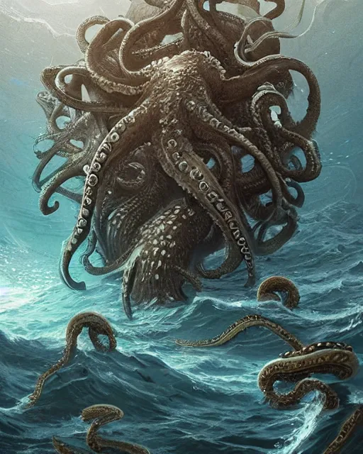 Image similar to An invisible Kraken in the middle of the sea, fantasy art, in the style of greg rutkowski, illustration, epic, fantasy, intricate, hyper detailed, artstation, concept art, smooth, sharp focus, ray tracing