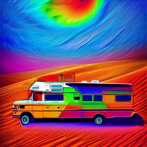 Prompt: beautiful digital psychedelic painting of an RV in the desert, hyperdetailed, vivid colors, trending on Artstation
