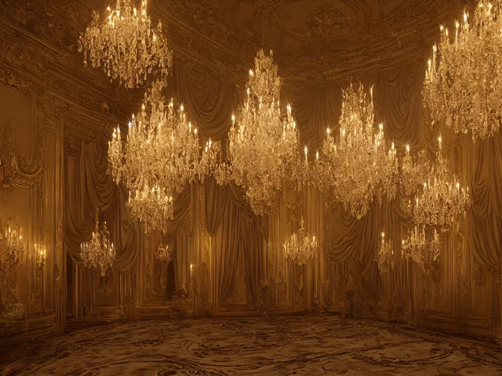 Prompt: hyper realistic photo of a luxury baroque room interior volumetric lights