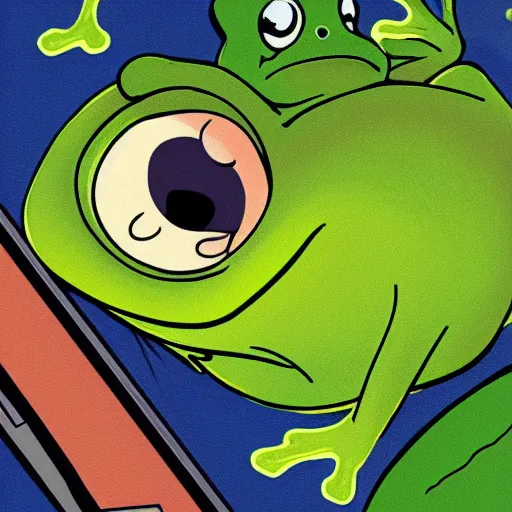 Image similar to peepo the frog!!!, lying on his bed with a laptop, crying!!!, sad lo-fi vibes, dramatic,