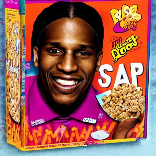 Prompt: asap rocky, on a cereal box