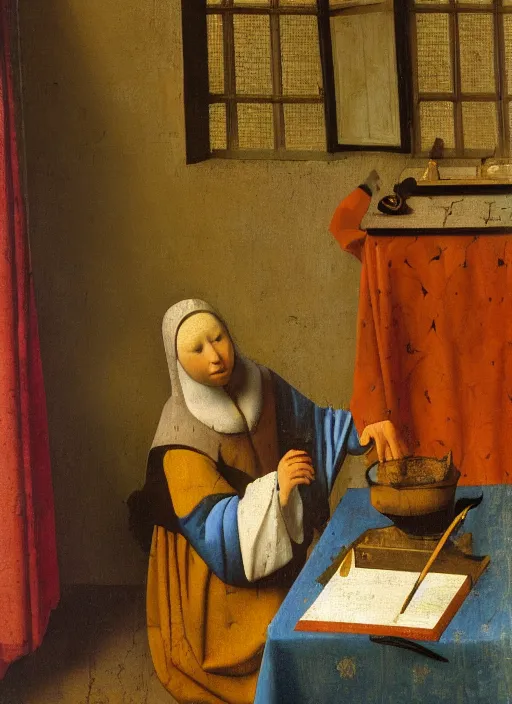 Image similar to bookchelf with curiosities, medieval painting by jan van eyck, johannes vermeer, florence