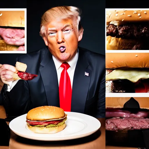 Prompt: photo still of donald trump! licking! a burger with his! tongue! out, mmmmm, moist, studio portrait photo, studio lighting, rim light, key light, food photography, 3 5 mm f 1. 8