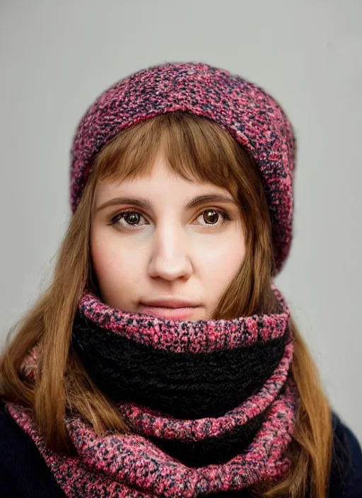 Prompt: portrait of a 2 3 year old woman, symmetrical face, black scarf, hat, she has the beautiful calm face of her mother, slightly smiling, ambient light