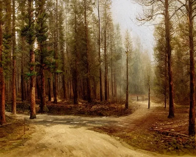 Prompt: beautiful matte painting of cute soviet block of flats in forest by ivan shishkin, bokeh