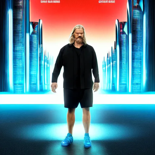 Prompt: jeff bridges as the dude lebowski in tron realm, photorealistic movie still, detailed 8 k, poster style, high resolution