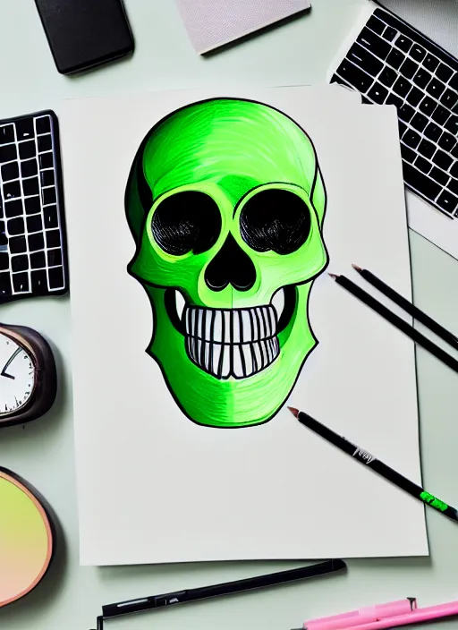 Prompt: a beautiful and detailed illustration of a green skull on computer desk, balanced and aesthetically pleasing natural and pastel colors, texture patterns, white paper background