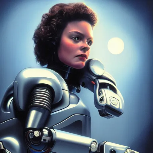 Prompt: Masterpiece closeup portrait of a beautiful Ripley Robocop in a surreal dream landscape, cinematic lighting, Michael Whelan, 8k