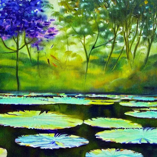 Prompt: a beautiful painting of a waterlily pond