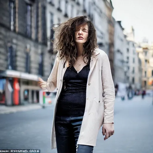 Image similar to Mid-shot portrait of a beautiful, stylish, 30-year-old French woman, with long, straight hair, candid street portrait in the style of Martin Schoeller