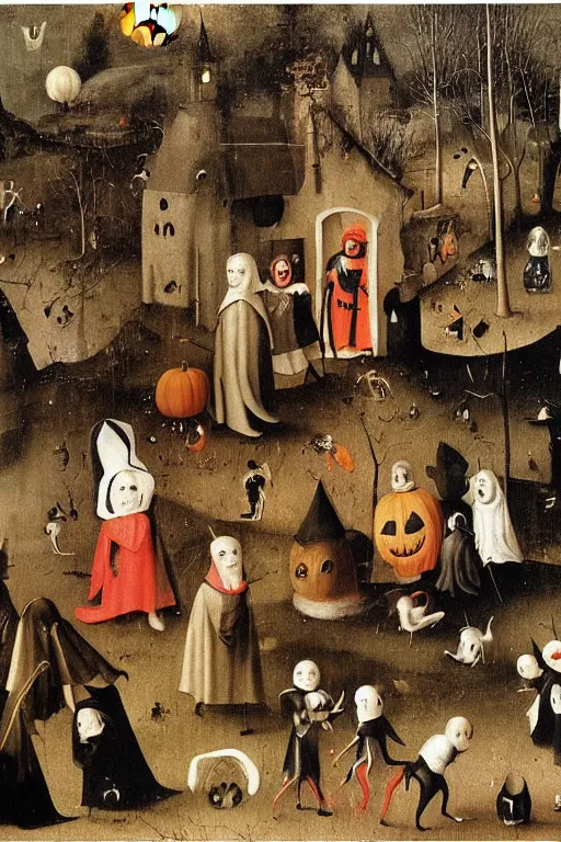 Image similar to Trick-or-treaters during Halloween, painted by Hieronymus Bosch, printed on metal canvas