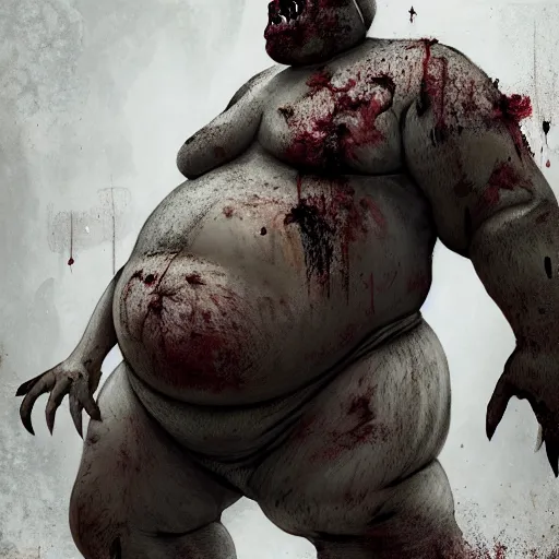 Prompt: angry extremely fat obese giant boated rotting zombie, full body portrait, with clothese, horror core, apocalyptic, feeling of grimdark, sharp focus, fiction, hyper detailed, digital art, trending in artstation, cinematic lighting, studio quality, smooth render, unreal engine 5 rendered, octane rendered, art style and nixeu and wlop and krenz cushart