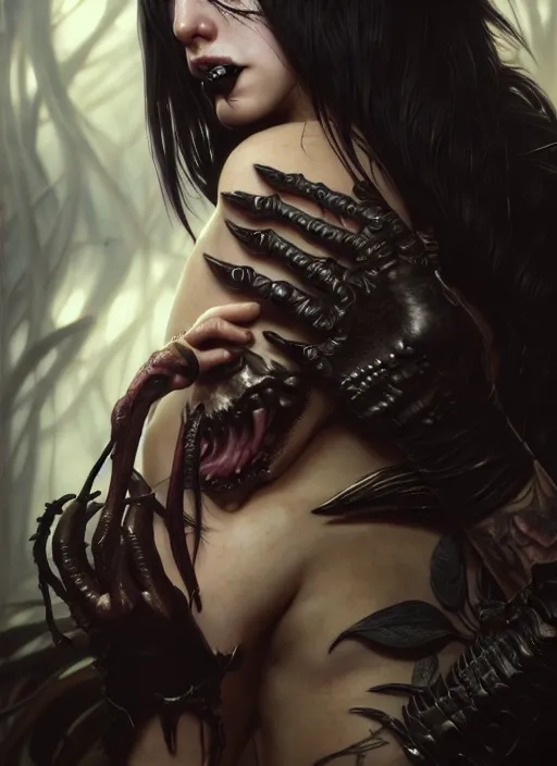 Image similar to ultra realistic, predator, female, fangs, goth, tattoos, leather, fantasy, flesh, bone, intricate details, eerie, highly detailed, octane render, 8 k, art by artgerm and alphonse mucha and greg rutkowski