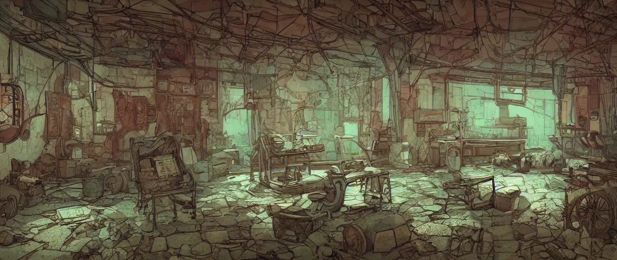 Prompt: abandoned laboroatory from early xx century faded out colors place mosquet painting digital illustration hdr stylized digital illustration video game icon global illumination ray tracing advanced technology that looks like it is from borderlands and by feng zhu and loish and laurie greasley, victo ngai, andreas rocha, john harris