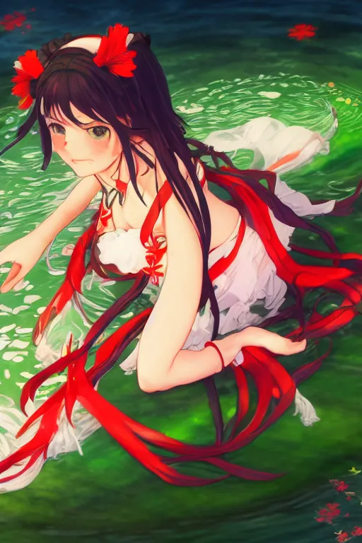 Image similar to hakurei reimu from touhou project floating on the water at night, plants, green and orange theme, s line, 4 5 angel by krenz cushart and mucha and akihito yoshida and greg rutkowski, 4 k resolution