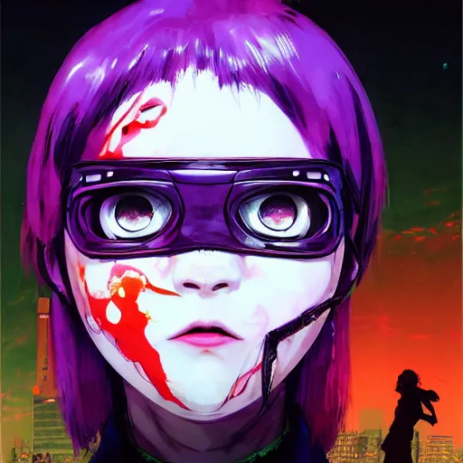 Image similar to portrait of the tokyo - ghoul masked joyful adolescent tiktoker girl aurora, purple dawn in neon santiago of chile on the background, concept art by yoji shinkawa, ryuichi sakamoto, esao andrews and yoshitaka amano